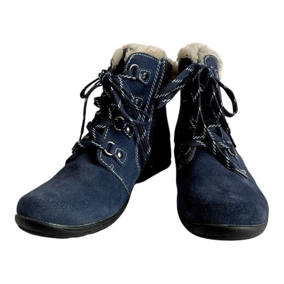 Earth Origins Crowley Navy Suede Faux Fur Lace Up Ankle Boots 11M NWOB - Picture 6 of 11